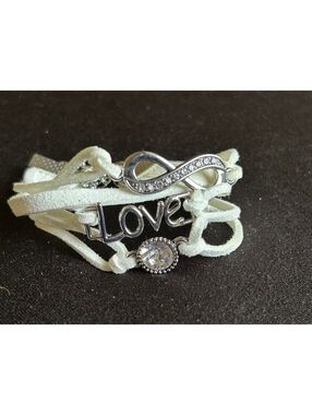 White Multi-Strand Love and Infinity Charm Bracelet with Rhinestones